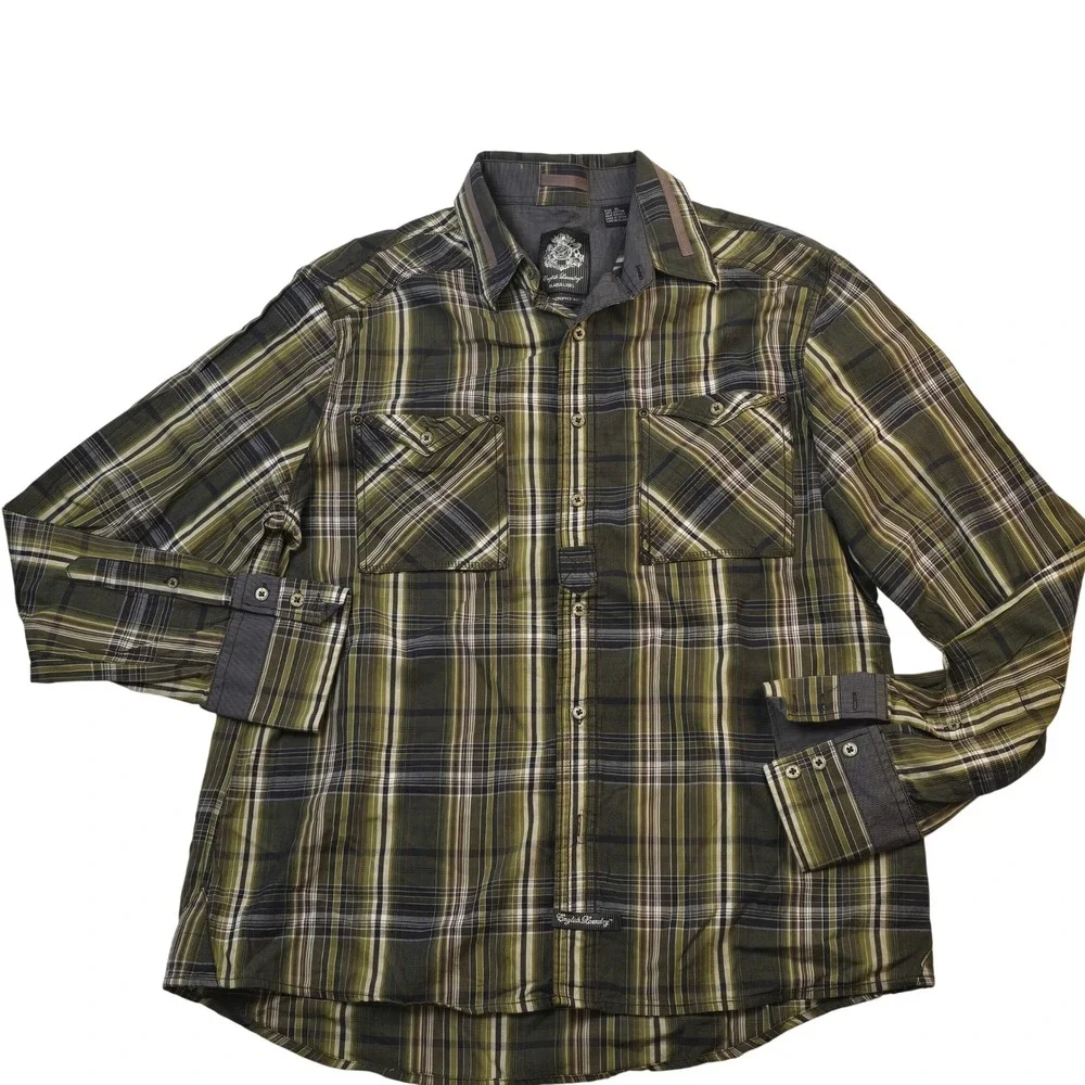 English Laundry Blaque Label Mens XL Plaid Button Down Shirt Olive Green Cotton